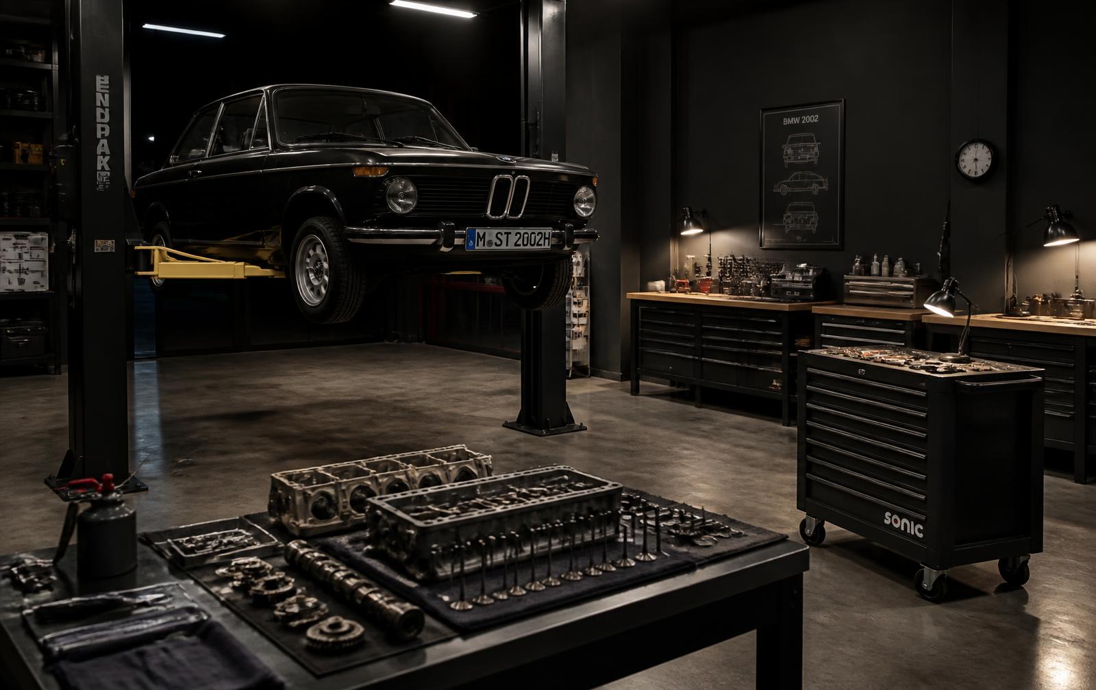 Classic BMW on a lift in a private workshop